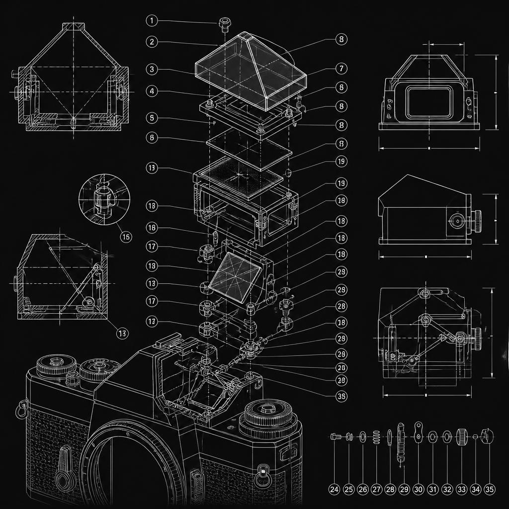 Sprängskiss över pentaprisma och sökarmekanism i en mekanisk Nikon-kropp